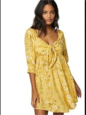 O'Neill Yellow Floral Tie-Front Mini Dress